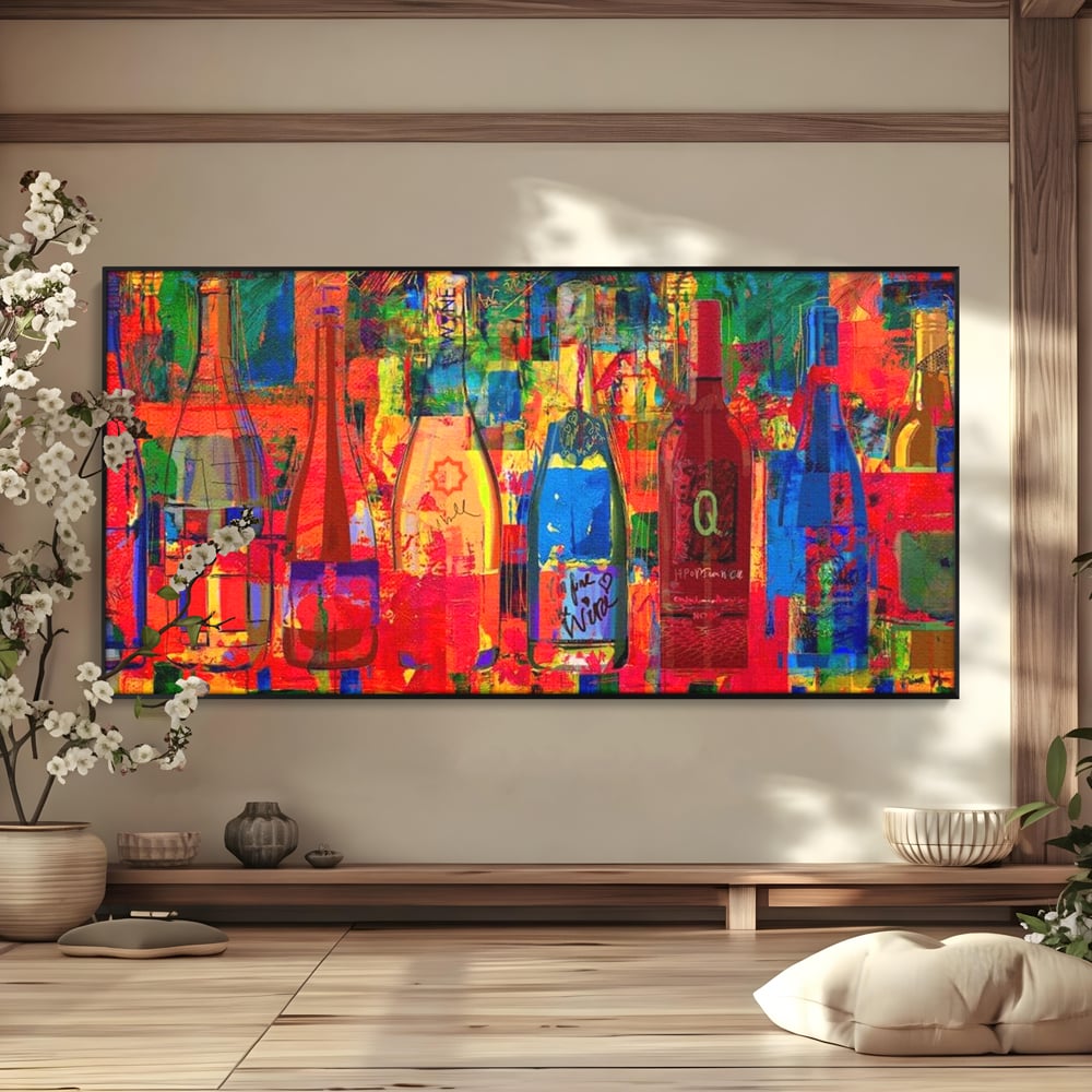 Tablou canvas cu tablou canvas cu sticle colorate de vin, in rama de aluminiu negru